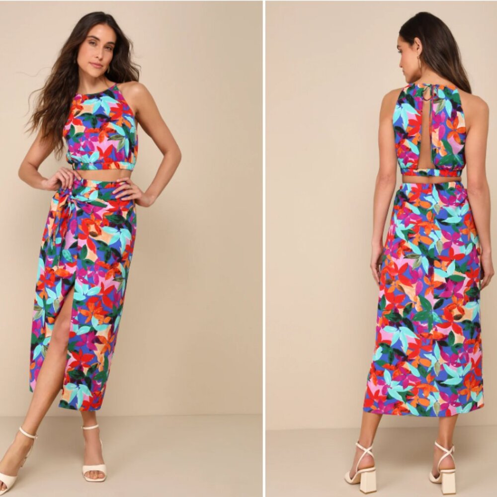 Gorgeous Destination Blue Multi Floral Two-Piece Wrap Midi Dress